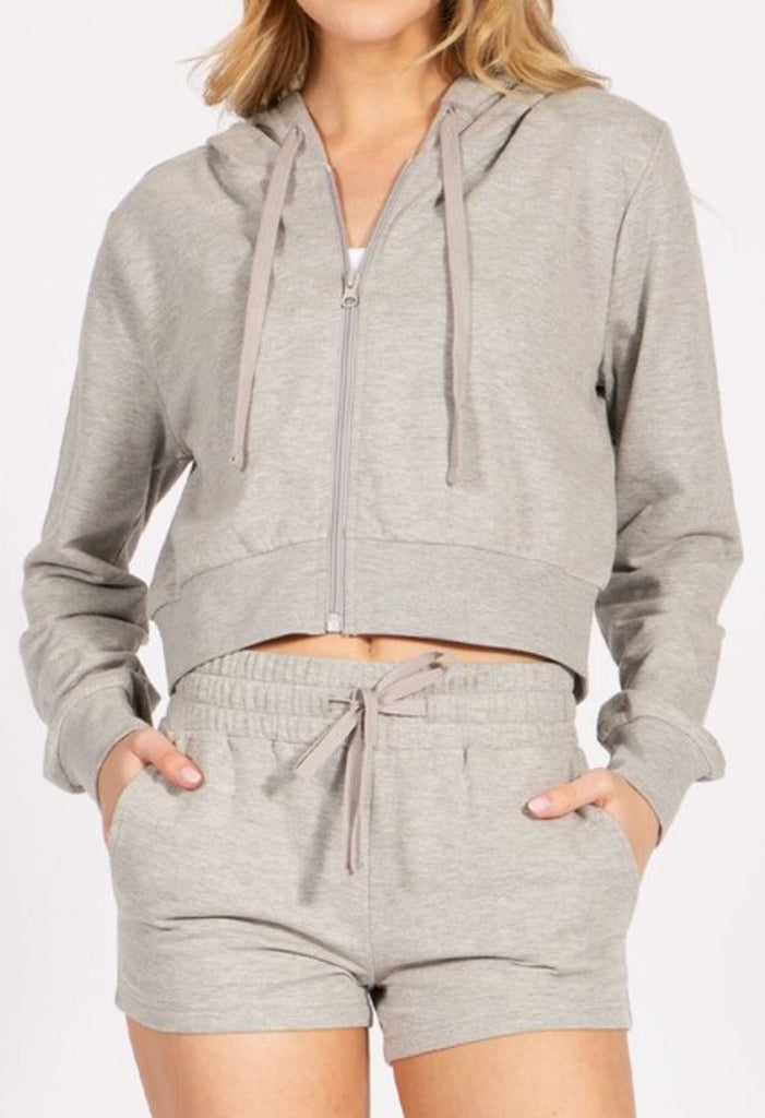 Women's Cropped Zip Up French Terry Hooded Jacket - FashionJOA