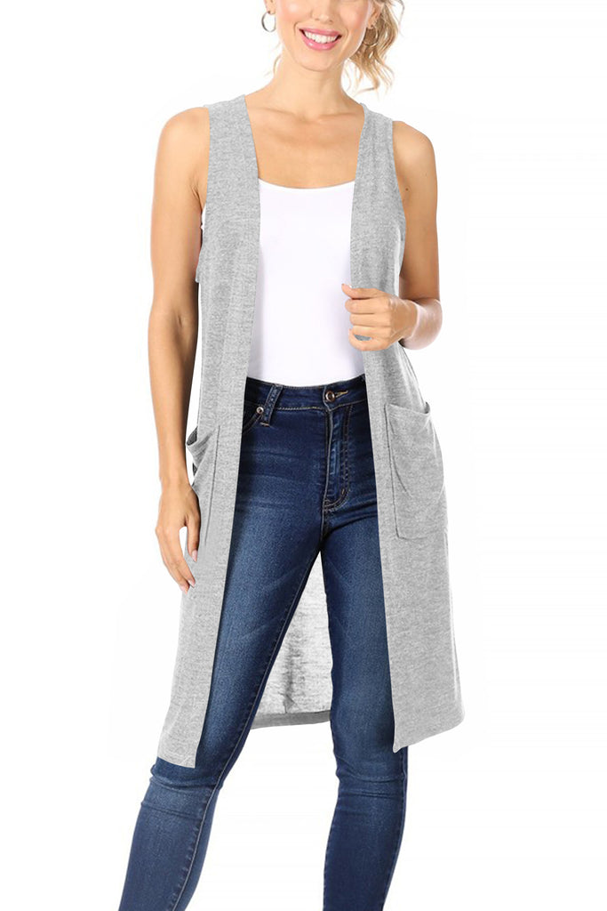 Women's Casual Solid Long  Sleeveless Side Pockets Knit Vest - FashionJOA