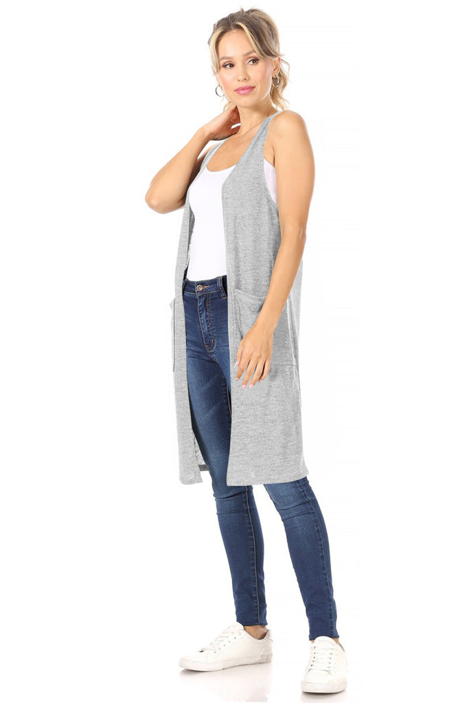 Women's Casual Solid Long  Sleeveless Side Pockets Knit Vest - FashionJOA