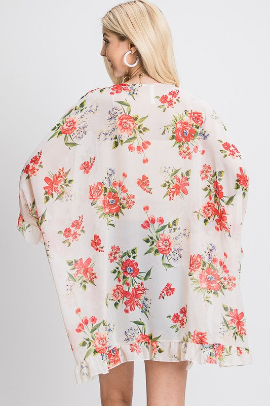 Hi-Multi Chiffon Ruffle Flower Print Cardigan FashionJOA