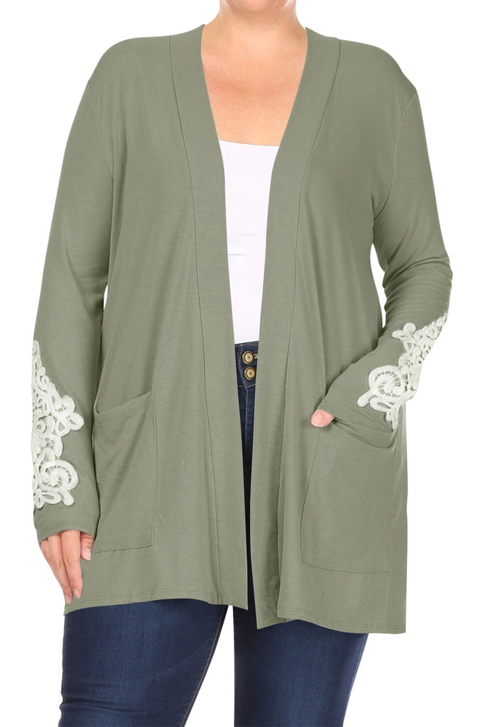 Women's Plus Size Lightweight Solid Long Sleeves Lace Patches Pockets Cardigan XL-3XL - FashionJOA