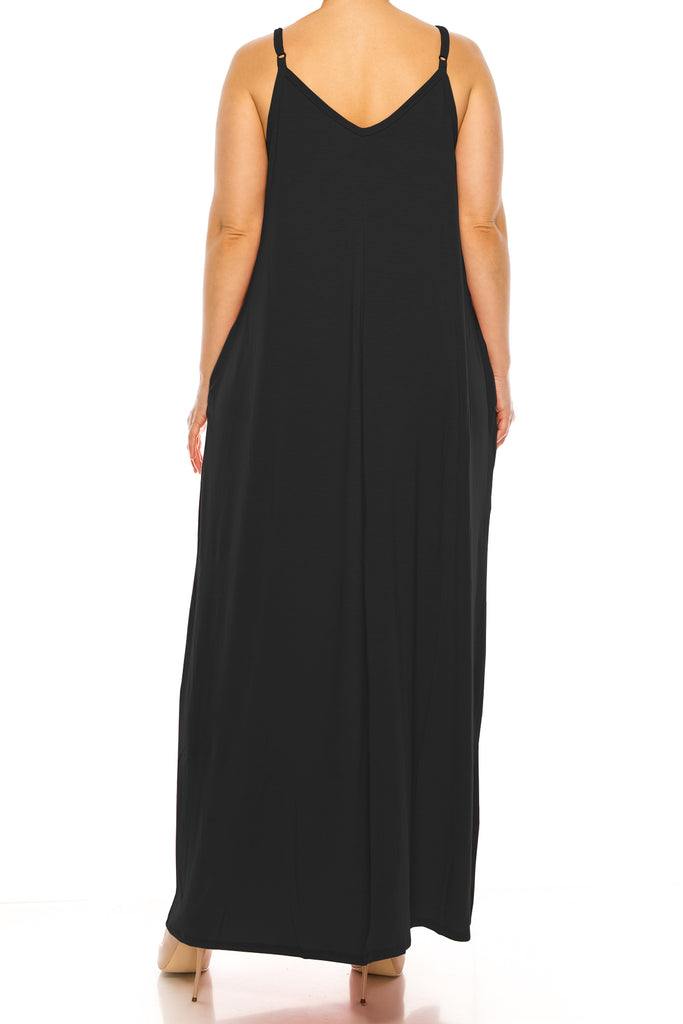 Women's Plus Size Casual Loose V-neck Sleeveless Long Cami Maxi Dress With Side Pocket - FashionJOA