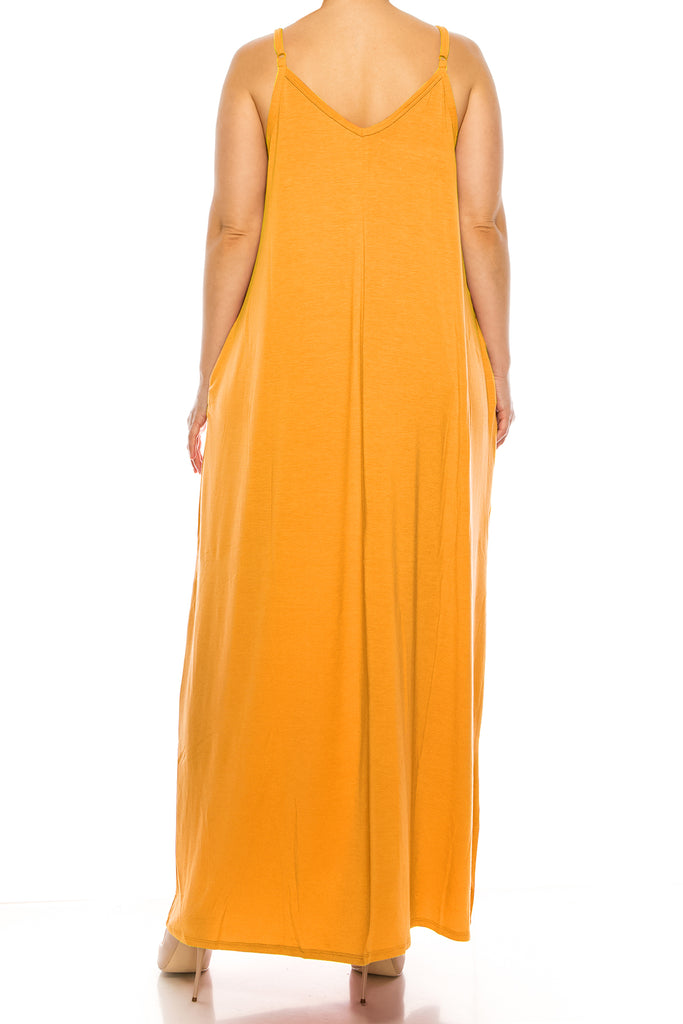 Women's Plus Size Casual Loose V-neck Sleeveless Long Cami Maxi Dress With Side Pocket - FashionJOA