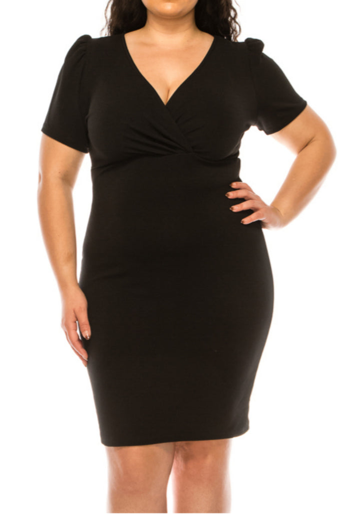 Women's Plus size Solid Sheath Dress with a Deep V-Neckline and Puff Sleeves - FashionJOA