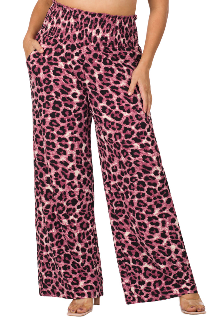 Women's Plus size Leopard print lounge pants with smocked waistband and side pockets - FashionJOA