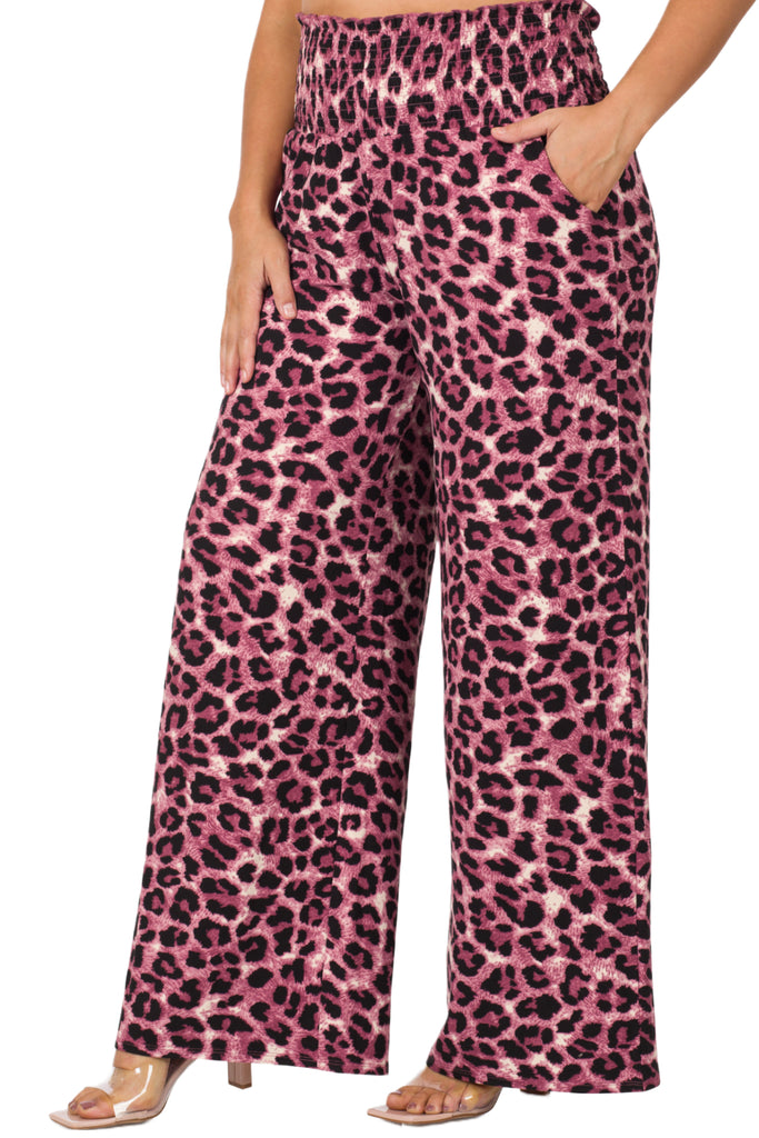 Women's Plus size Leopard print lounge pants with smocked waistband and side pockets - FashionJOA