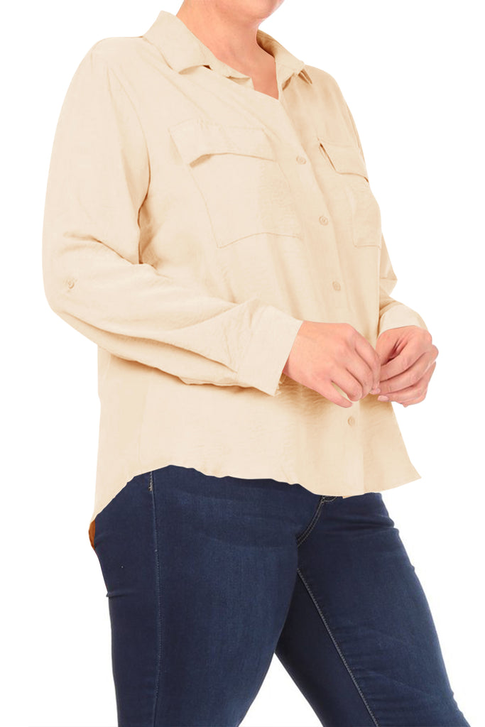 Women's Plus Size Long Sleeve Solid Button Down Casual Shirts Top - FashionJOA