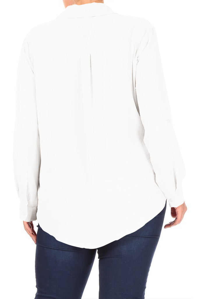 Women's Plus Size Long Sleeve Solid Button Down Casual Shirts Top - FashionJOA