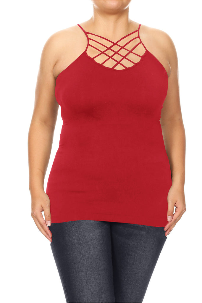 Women's Plus Size Slim Fit Cross Front Spaghetti Strap Active Solid Cami Tank Top - FashionJOA
