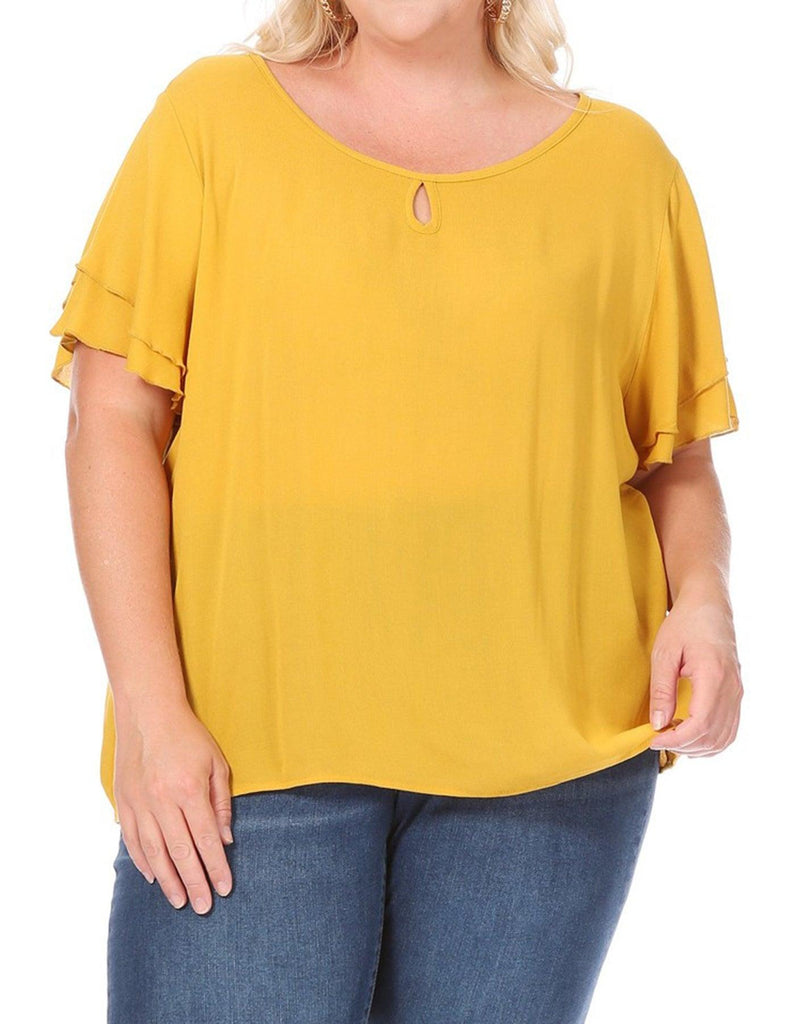 Plus Size Solid Flowy Short Flutter Sleeve Round Neck Key Hole Tee Blouse Top FashionJOA