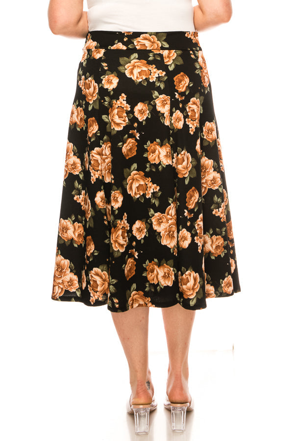 Plus size, Floral print, A-line midi skirt FashionJOA
