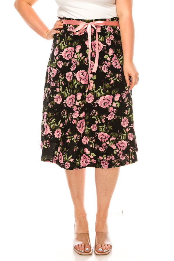Plus size floral print A-line knee length skirt FashionJOA