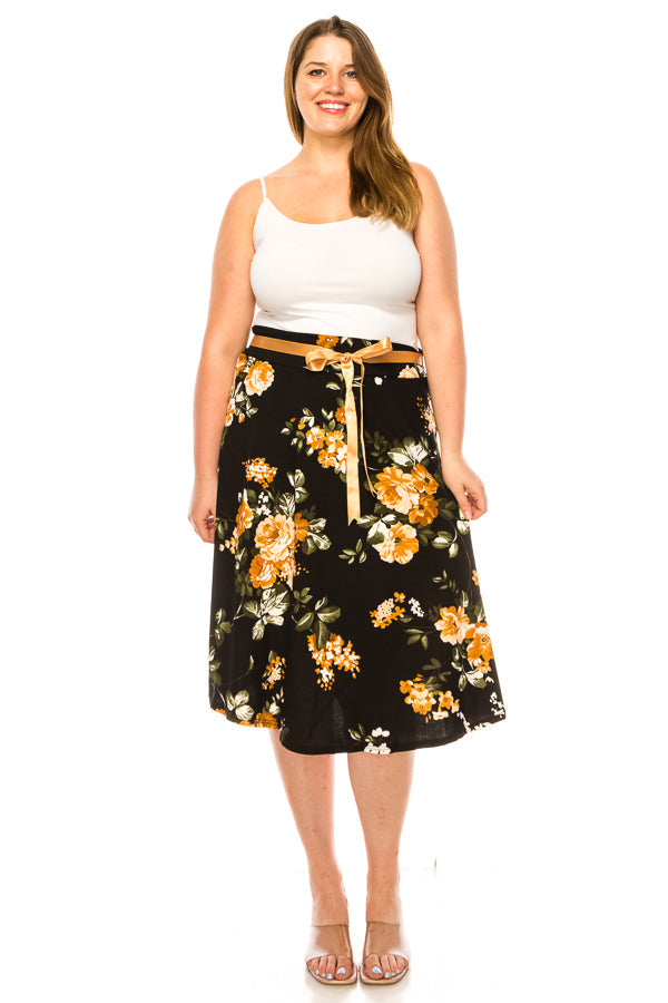 Plus size, floral print, A-line, knee length skirt FashionJOA