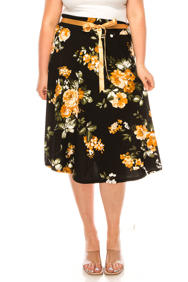 Plus size, floral print, A-line, knee length skirt FashionJOA