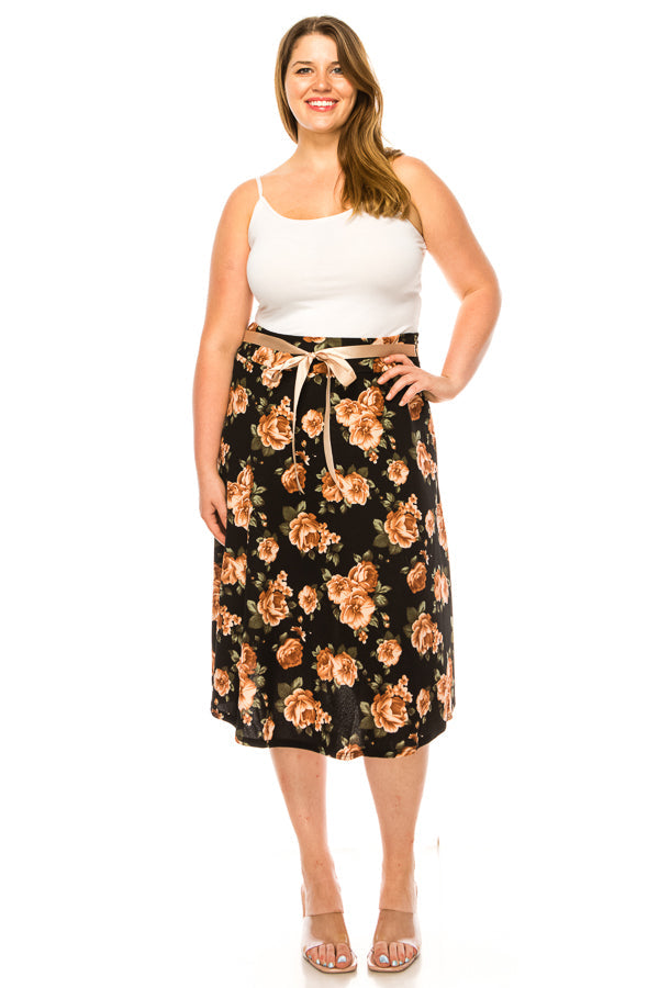Plus size floral print A-line knee length skirt FashionJOA
