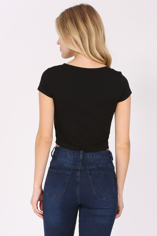 Short Sleeve Stretch V-Neck Crop Top T-Shirt FashionJOA