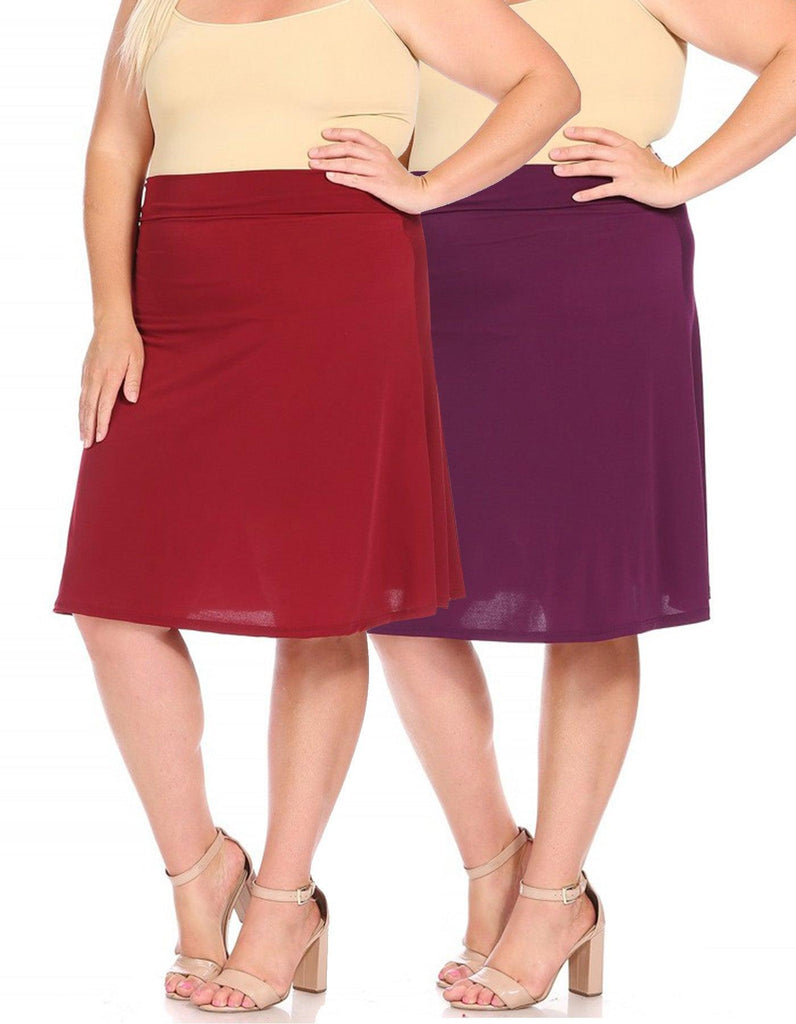 Women's 2 Pack Plus Size Solid Flared Stretchy A-line Midi Skirt FashionJOA