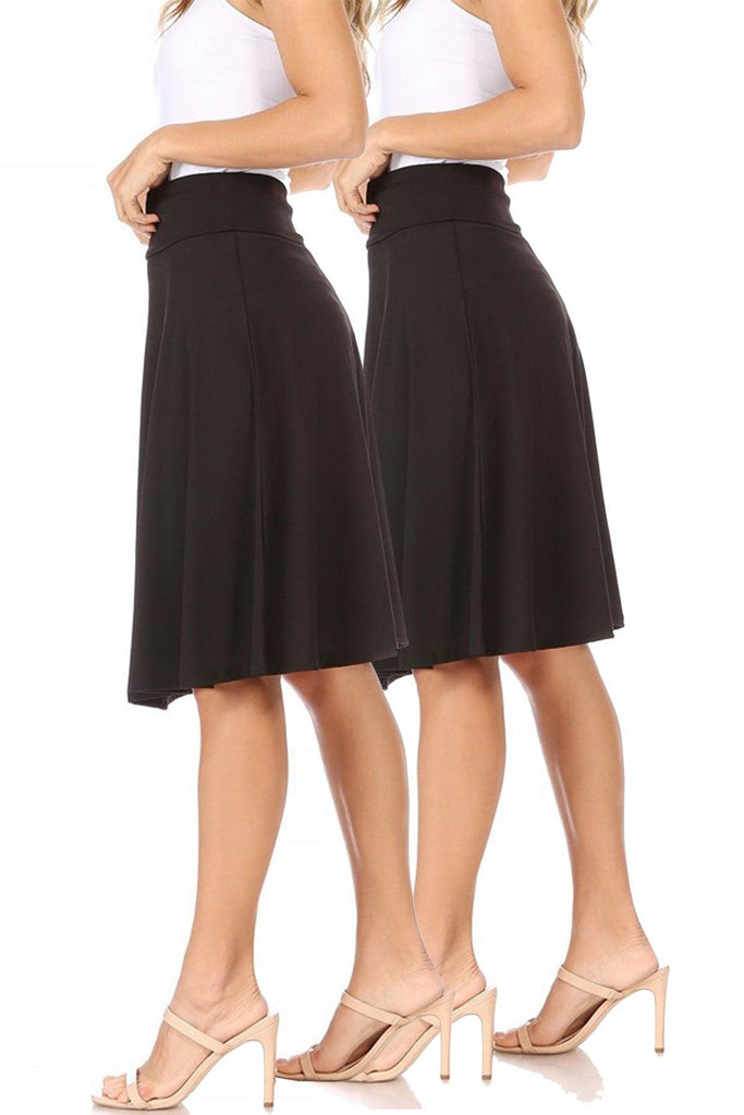 Women's 2 Pack Solid High Waist Flare A-line Midi Skirt with Elastic Waistband FashionJOA