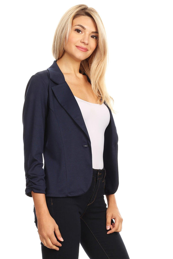 Women's Casual 3/4 Ruched Sleeves One Button Closure Waist length Blazer FashionJOA