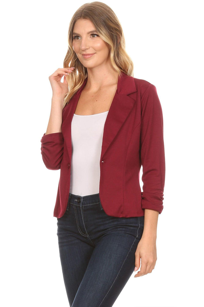 Women's Casual 3/4 Ruched Sleeves One Button Closure Waist length Blazer FashionJOA
