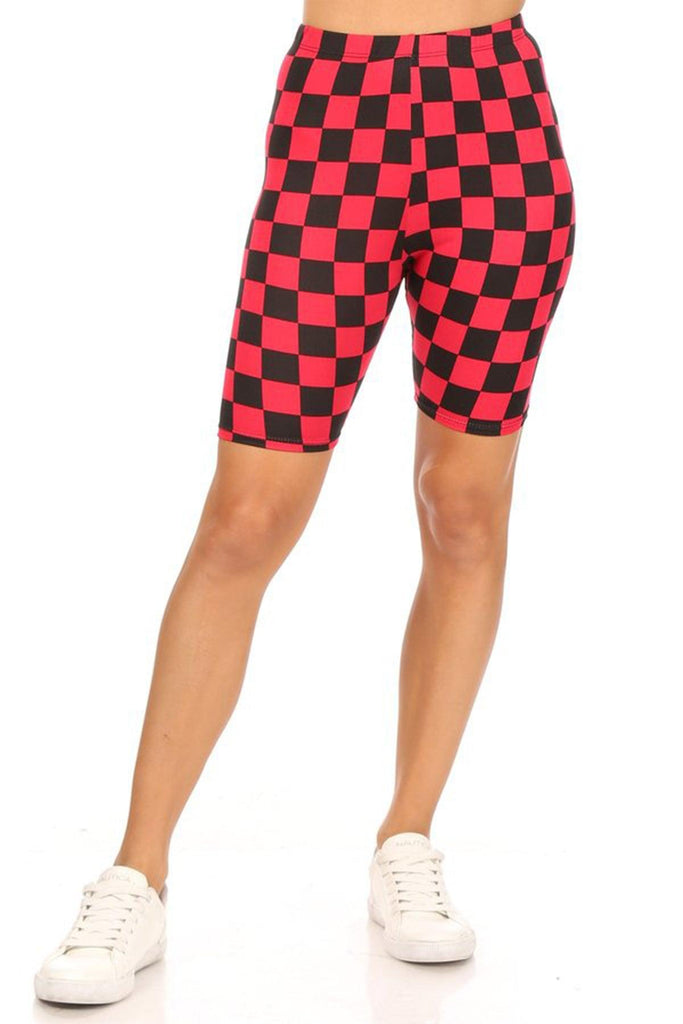 Women's Casual Checkered Plaid  Band Waist Stretch Biker Shorts FashionJOA