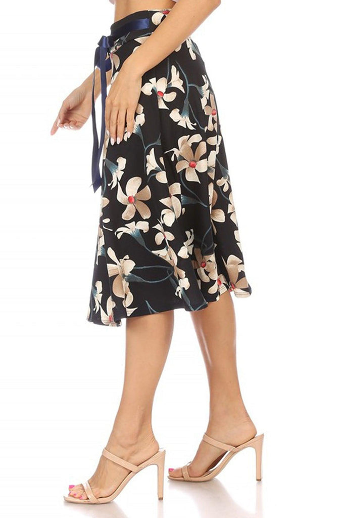 Women's Casual Floral A-line Printed High Waist Bow Tie Belted Knee Length Midi Skirt FashionJOA