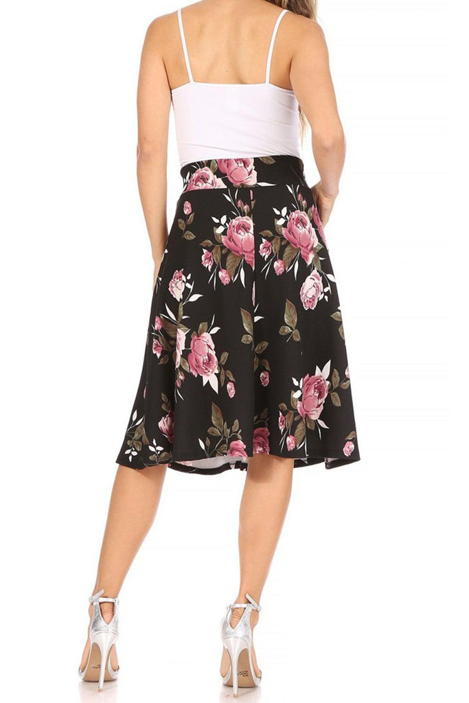Women's Casual Floral Printed A Line High Waist Ribbon Belted Knee Length Midi Skirt FashionJOA
