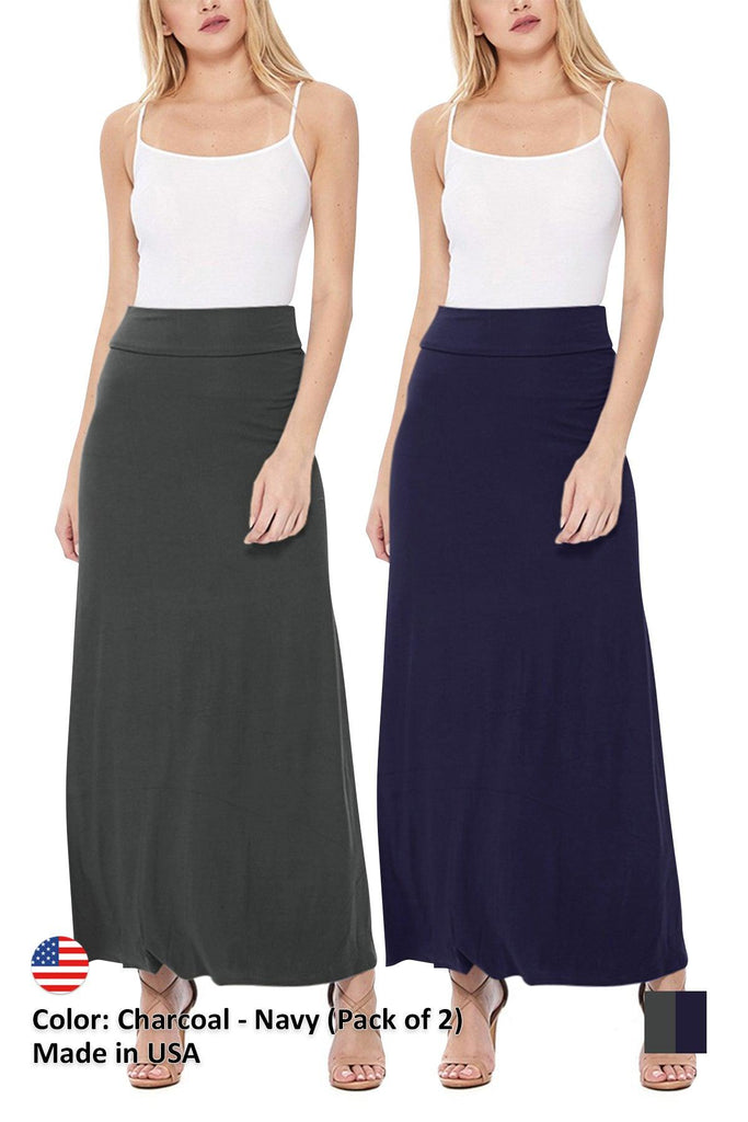 Women's Casual Foldover Waist A-Line Loose Fit Lounge Maxi Long Skirt S-3XL (Pack of 2) FashionJOA