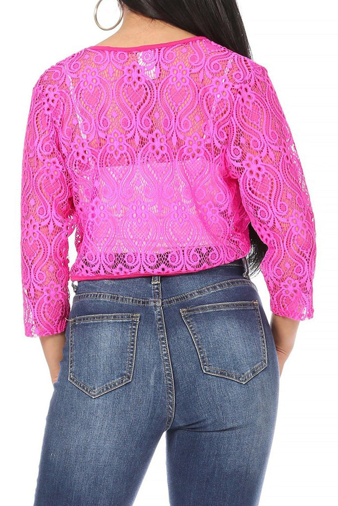 Women's Casual Lace Bolero Crochet Open Cardigan 3/4 Sleeve Sheer Cover Up Jacket FashionJOA