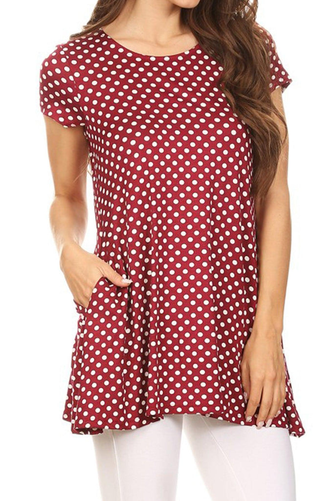 Women's Casual Polka Dot Short Sleeve Round Neck Tunic Tops with Side Pockets FashionJOA