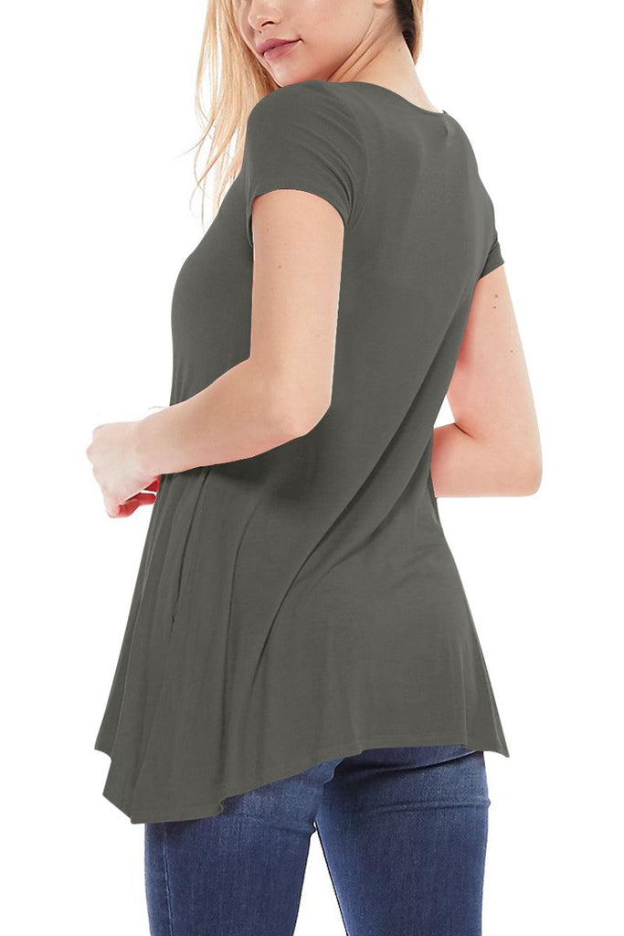 Women's Casual Short Sleeve Relaxed Fit Round Neck Side Pockets Tunic Top FashionJOA