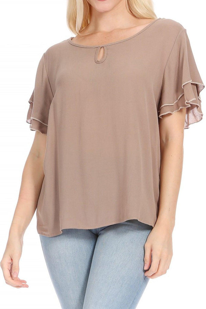 Women's Casual Solid Flowy Short Flutter Sleeve Round Neck Key Hole Blouse FashionJOA