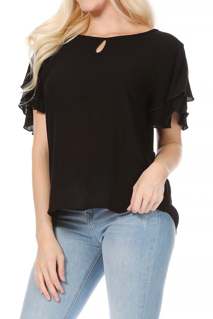 Women's Casual Solid Flowy Short Flutter Sleeve Round Neck Key Hole Tee Blouse Top FashionJOA
