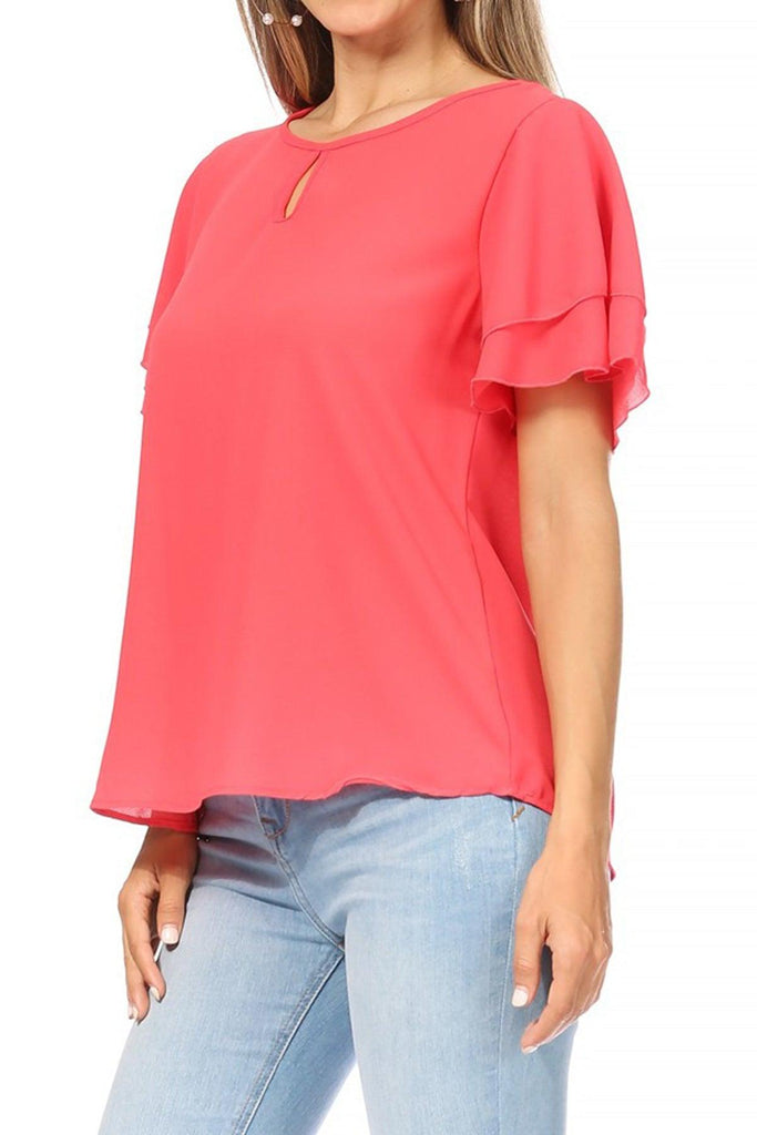 Women's Casual Solid Flowy Short Sleeve Round Neck Key Hole Tee Blouse Top FashionJOA
