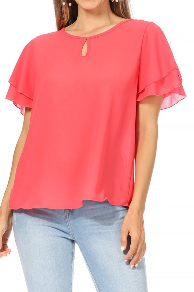Women's Casual Solid Flowy Short Sleeve Round Neck Key Hole Tee Blouse Top FashionJOA