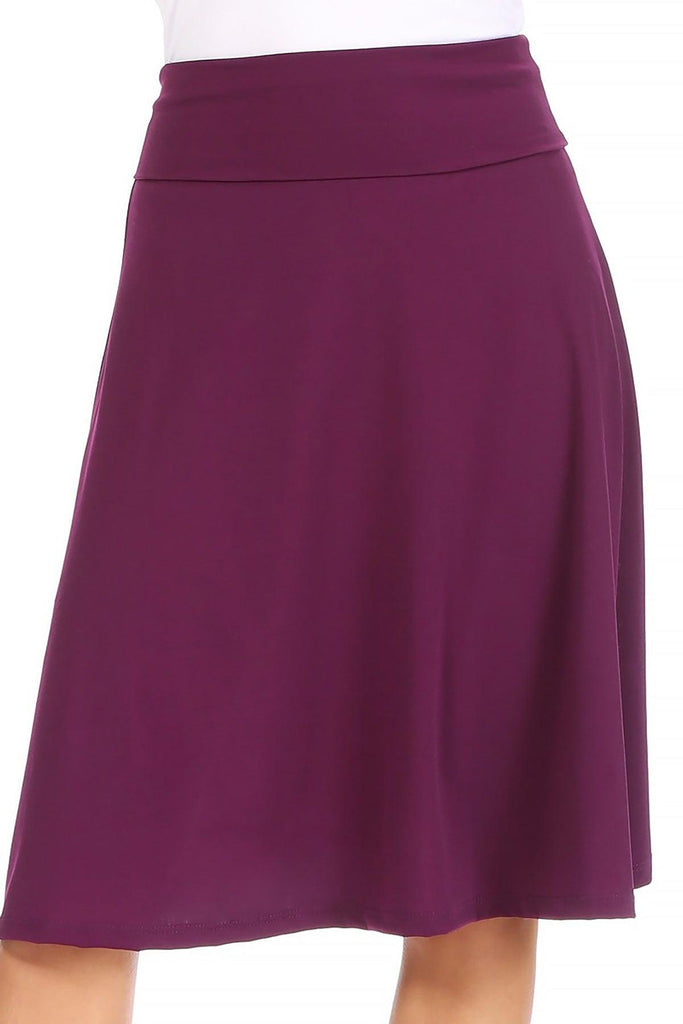 Women's Casual Solid High Waisted Knee Length Flare A-line Skirt with Elastic Waistband FashionJOA