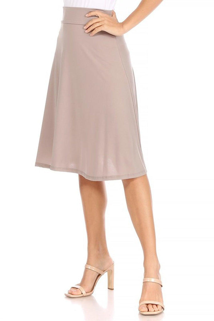 Women's Casual Solid High Waisted Knee Length Flare A-line Skirt with Elastic Waistband FashionJOA