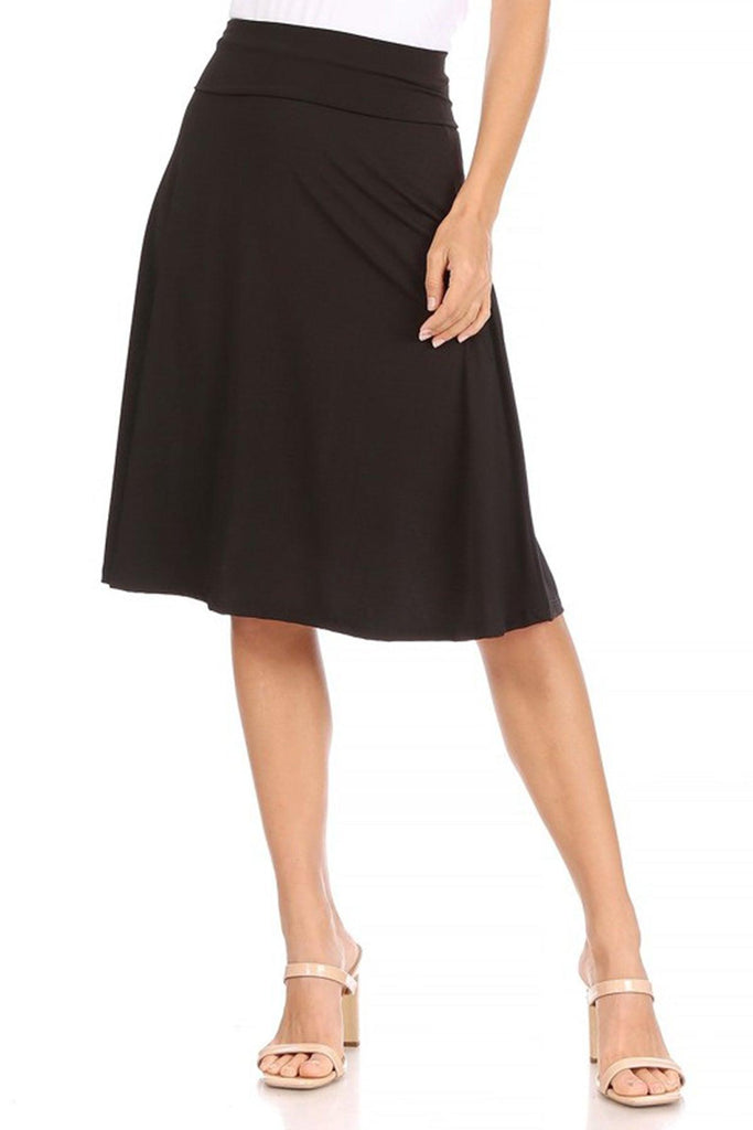 Women's Casual Solid  Knee Length Flare A-line Skirt with Elastic Waistband FashionJOA