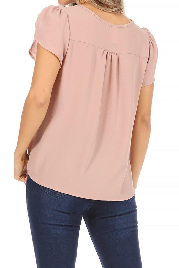Women's Casual Solid Petal Sleeve Ribbon Tie Round Neck Key Hole Tee Blouse Top FashionJOA