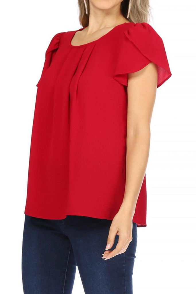 Women's Casual Solid Pleated Front Petal Cap Sleeve Round Neck Blouse FashionJOA