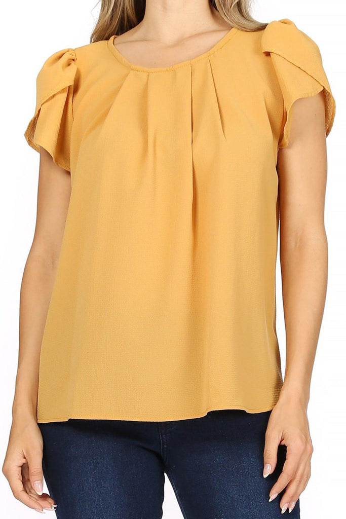 Women's Casual Solid Pleated Front Petal Cap Sleeve Round Neck Blouse FashionJOA