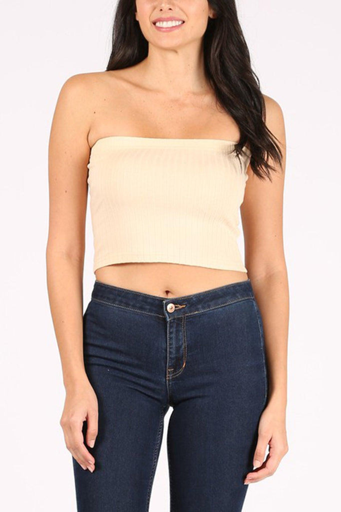 Women's Casual Solid Ribbed Strapless Tube Top FashionJOA