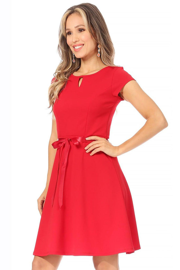 Women's Casual Solid Short Sleeve Ribbon Belted Flared A Line Swing Dresses FashionJOA