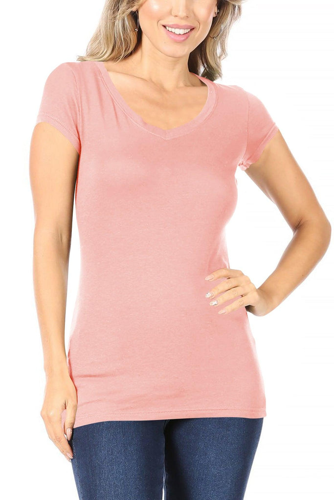 Women's Casual Solid V-Neck Short Sleeve Basic T-Shirt Top FashionJOA