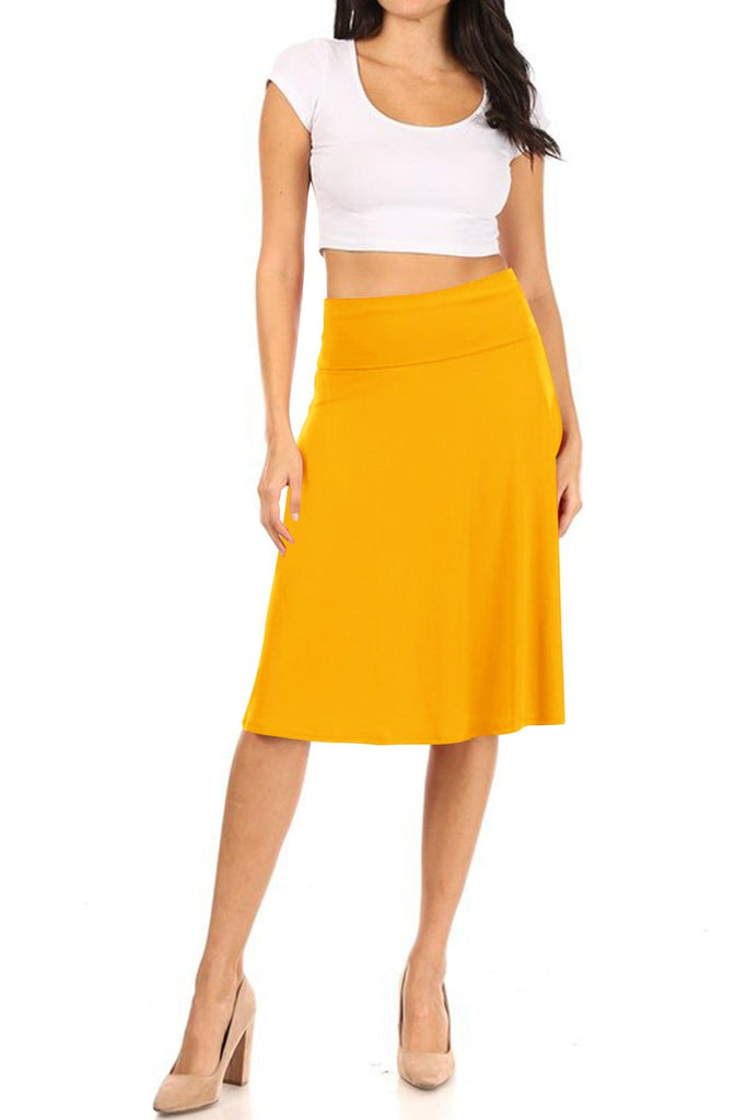 Women's Casual Stretch Basic Foldable High Waist Relaxed Fit A-Line Solid Midi Skirts FashionJOA