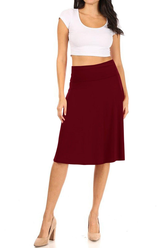 Women's Casual Stretch Basic Foldable High Waist Relaxed Fit A-Line Solid Midi Skirts FashionJOA