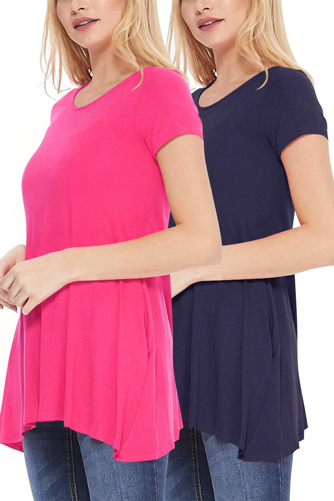 Women's Casual Stretch Loose A-Line Pockets Solid Short Sleeve Tunic Top (Pack of 2) FashionJOA