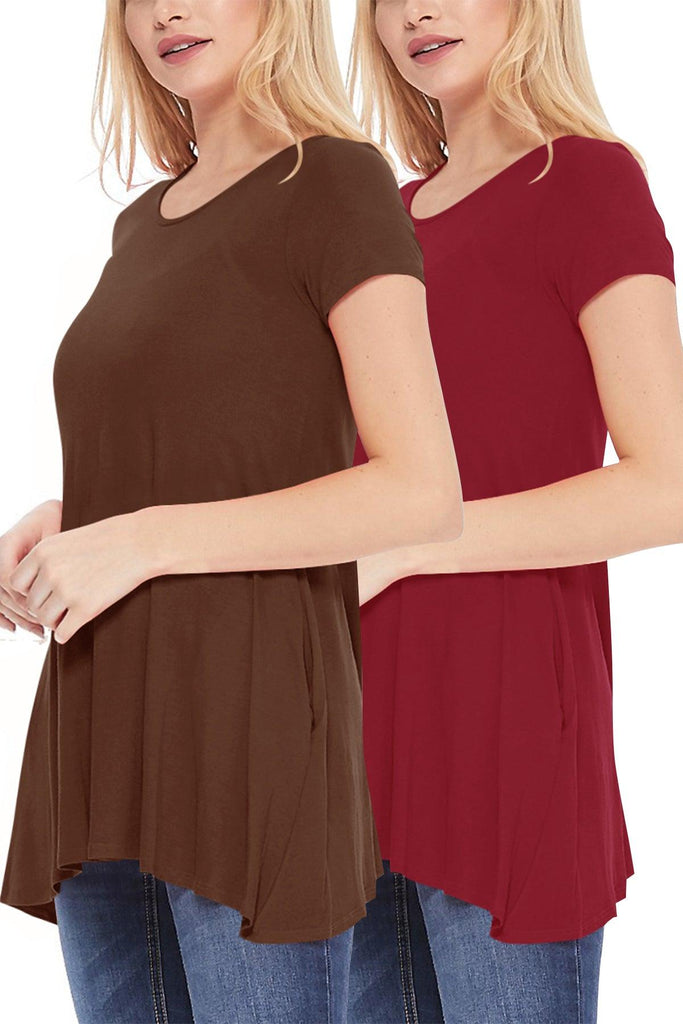 Women's Casual Stretch Loose A-Line Pockets Solid Short Sleeve Tunic Top (Pack of 2) FashionJOA