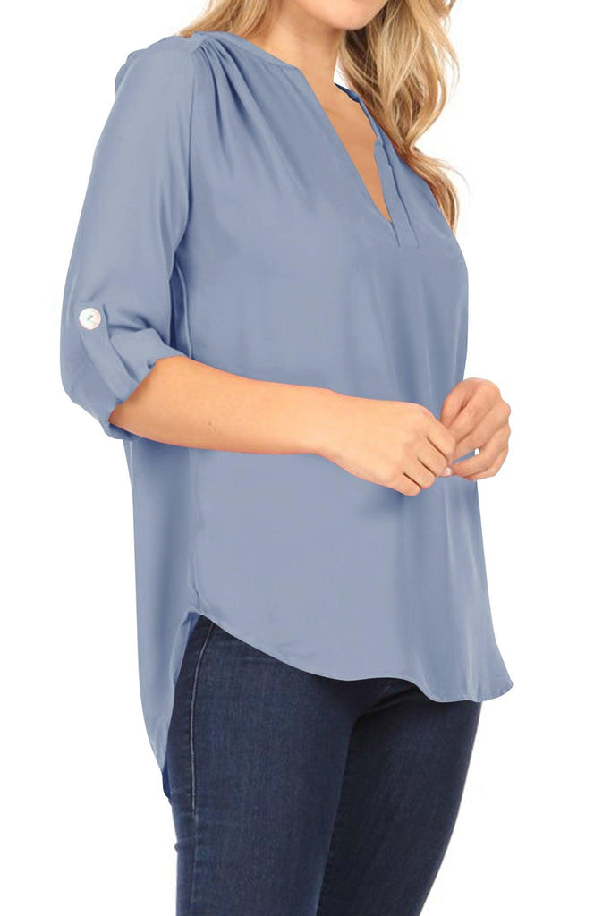 Women's Casual V-Neck Woven Roll Up Sleeve Lightweight Relaxed Fit Office Blouse Top FashionJOA
