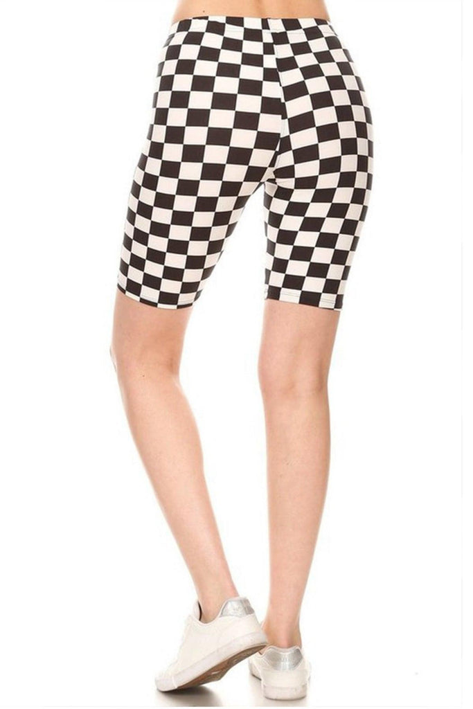 Women's Checkered Camo Print Biker Shorts with Elastic Waistband FashionJOA